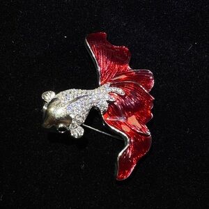 Red Enamel Goldfish Pin Brooch with Crystal Accents